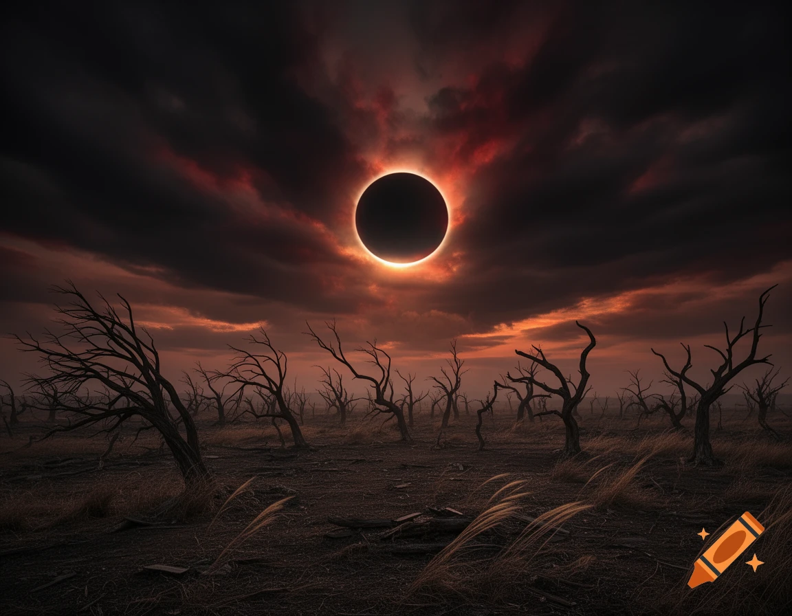 Dramatic solar eclipse over a desolate landscape with barren trees and a fiery, dark red sky.
