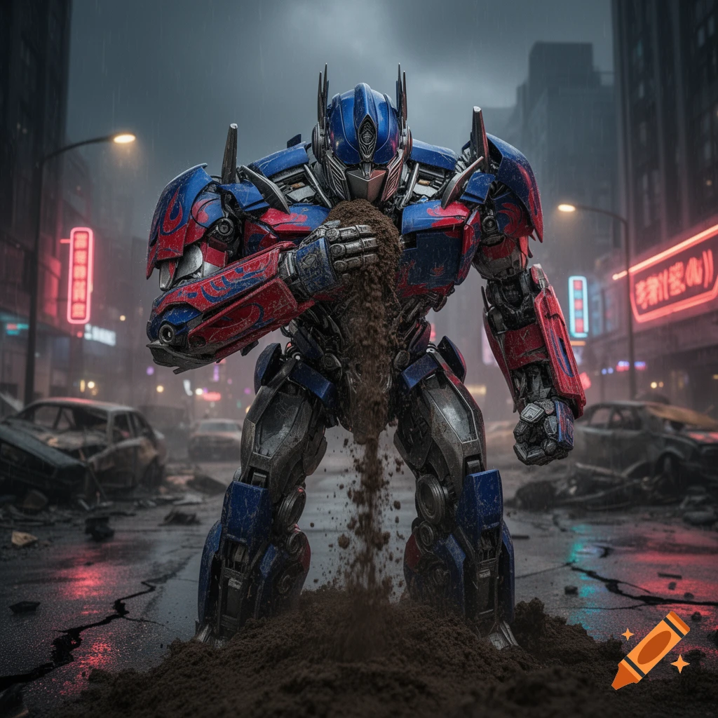 Optimus Prime, a red and blue robot, digs into a pile of dirt in a rainy, destroyed city with neon signs.