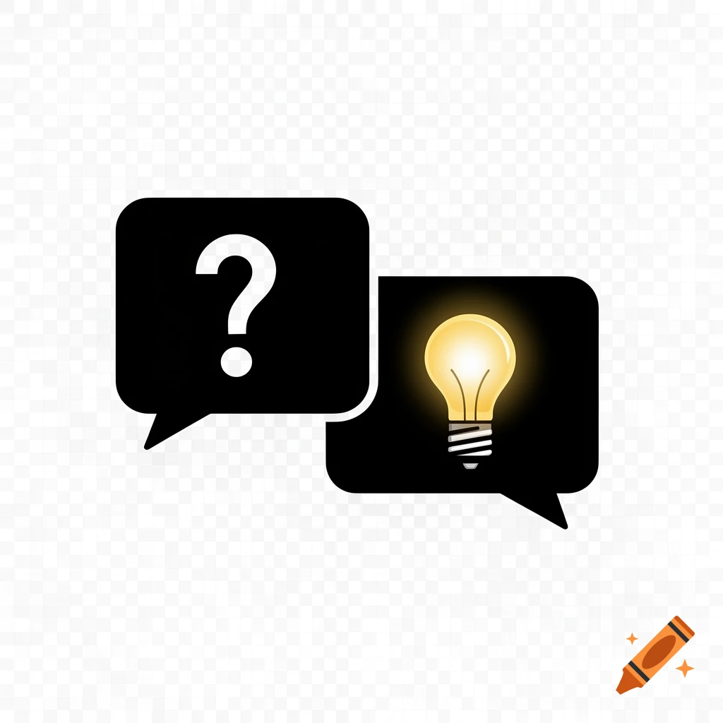Two black speech bubbles, one with a white question mark and the other with a glowing yellow lightbulb, on a transparent background.