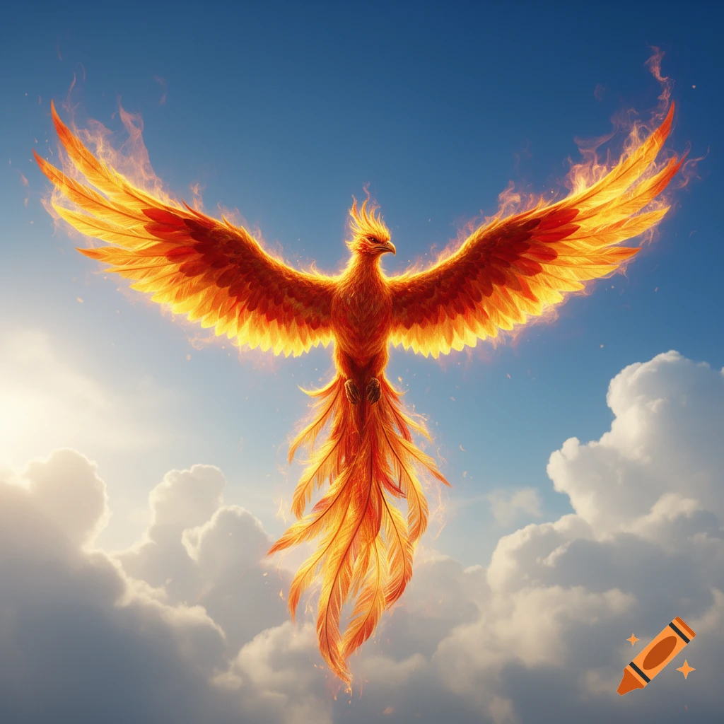 A majestic fiery phoenix with outstretched wings soars through a bright blue sky filled with white clouds.