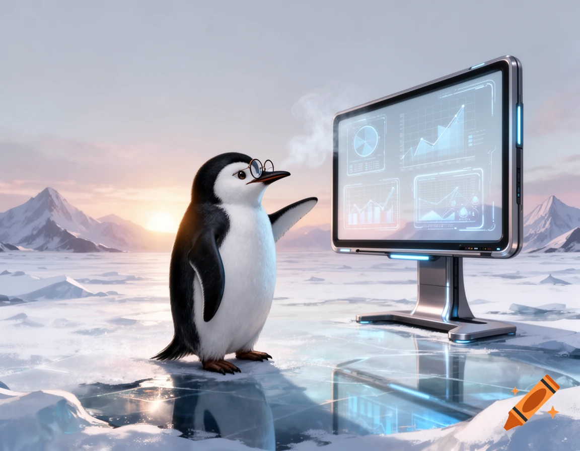 A cartoon penguin wearing glasses stands on ice, pointing at a futuristic monitor displaying charts and graphs in an arctic landscape at sunset.