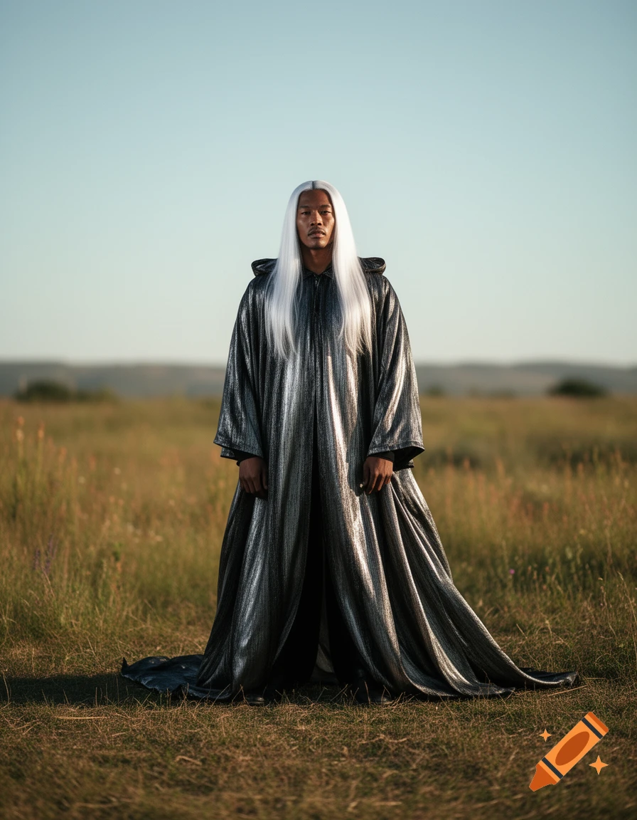 A person with long white hair wearing a shimmering silver cloak stands in a grassy field under a clear sky.