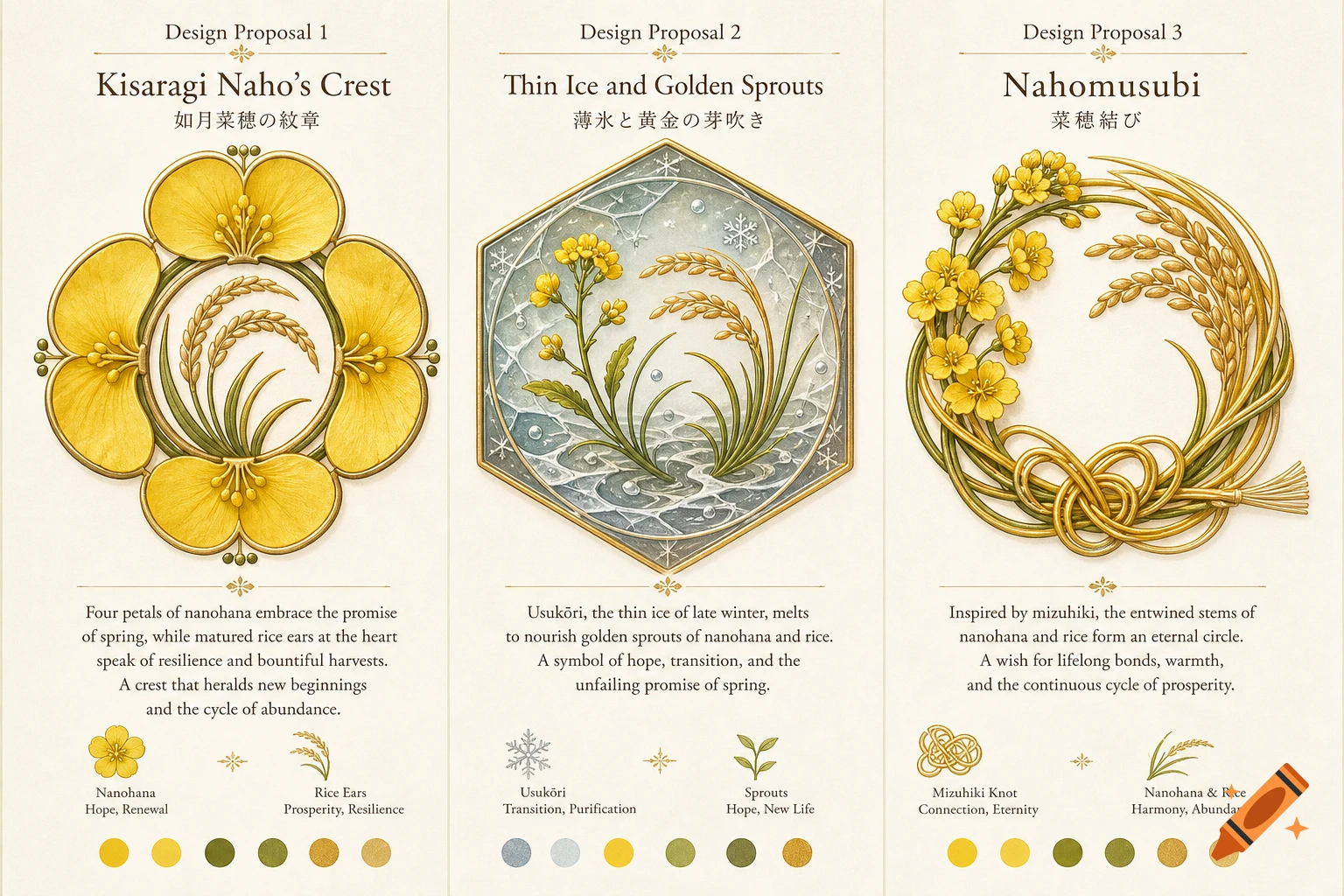 Three elegant Japanese crest designs featuring yellow nanohana flowers and golden rice ears, with accompanying descriptive text.