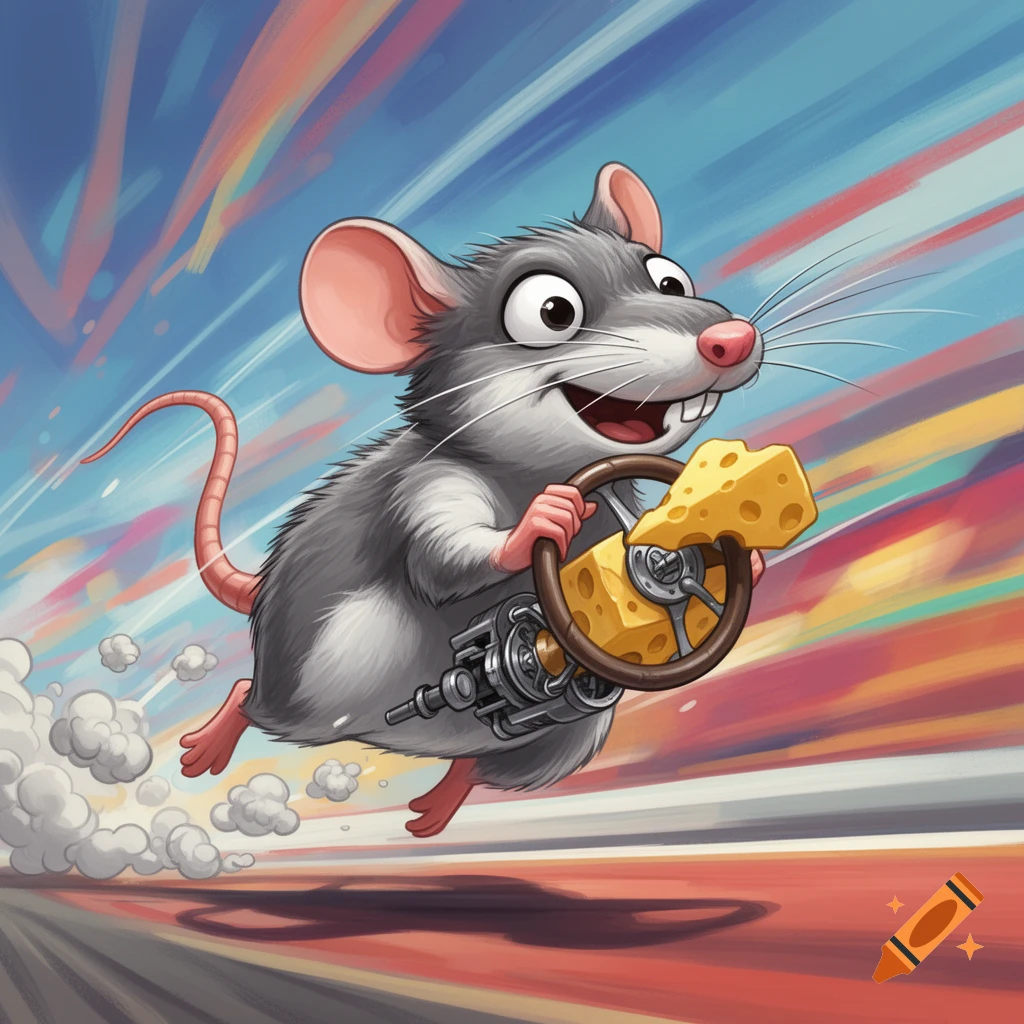 A funny cartoon rat races across a colorful background, steering a cheese wheel.