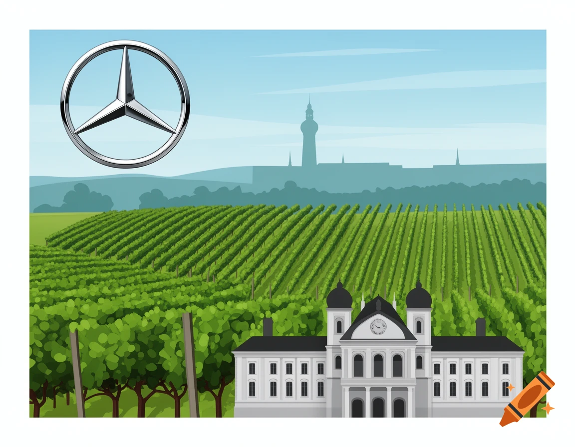 A stylized illustration shows a large metallic Mercedes-Benz logo above green vineyards and a white, castle-like building with a clock face.