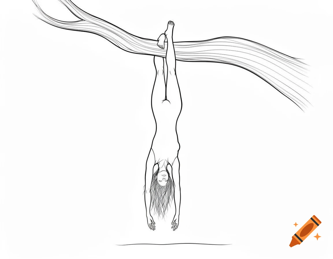 Minimalist line art drawing of a nude female figure hanging upside down from a stylized tree limb by her legs, with arms dangling.