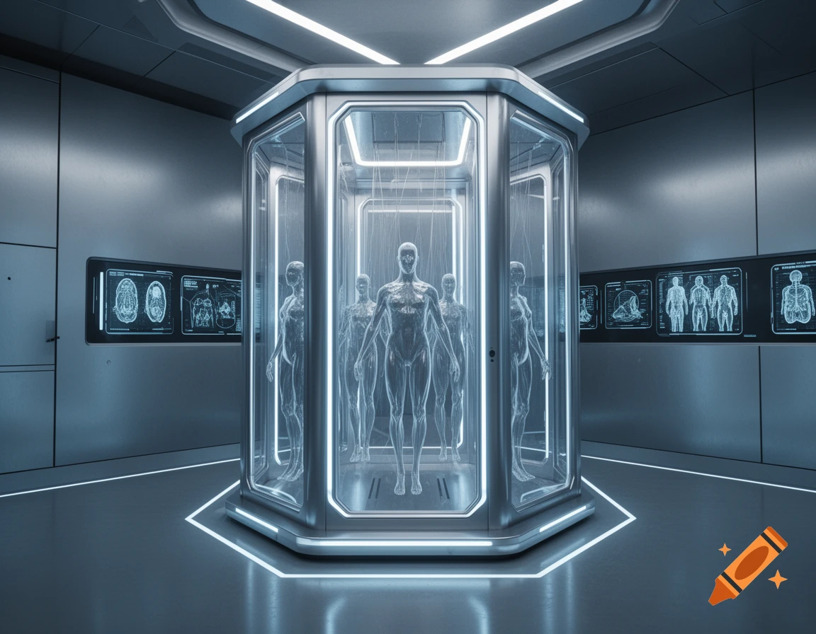 Translucent human figures stand inside a hexagonal glass containment unit in a futuristic, neon-lit room with glowing screens displaying schematics.