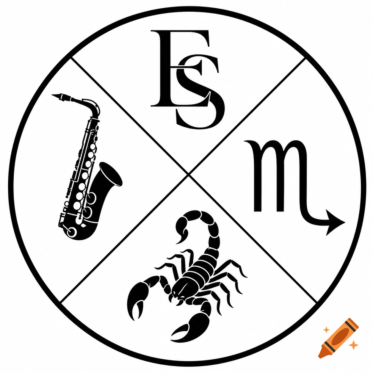 A black and white circular emblem divided into four quadrants, featuring an interwoven ES monogram, a saxophone, the Scorpio zodiac symbol, and a scorpion silhouette.