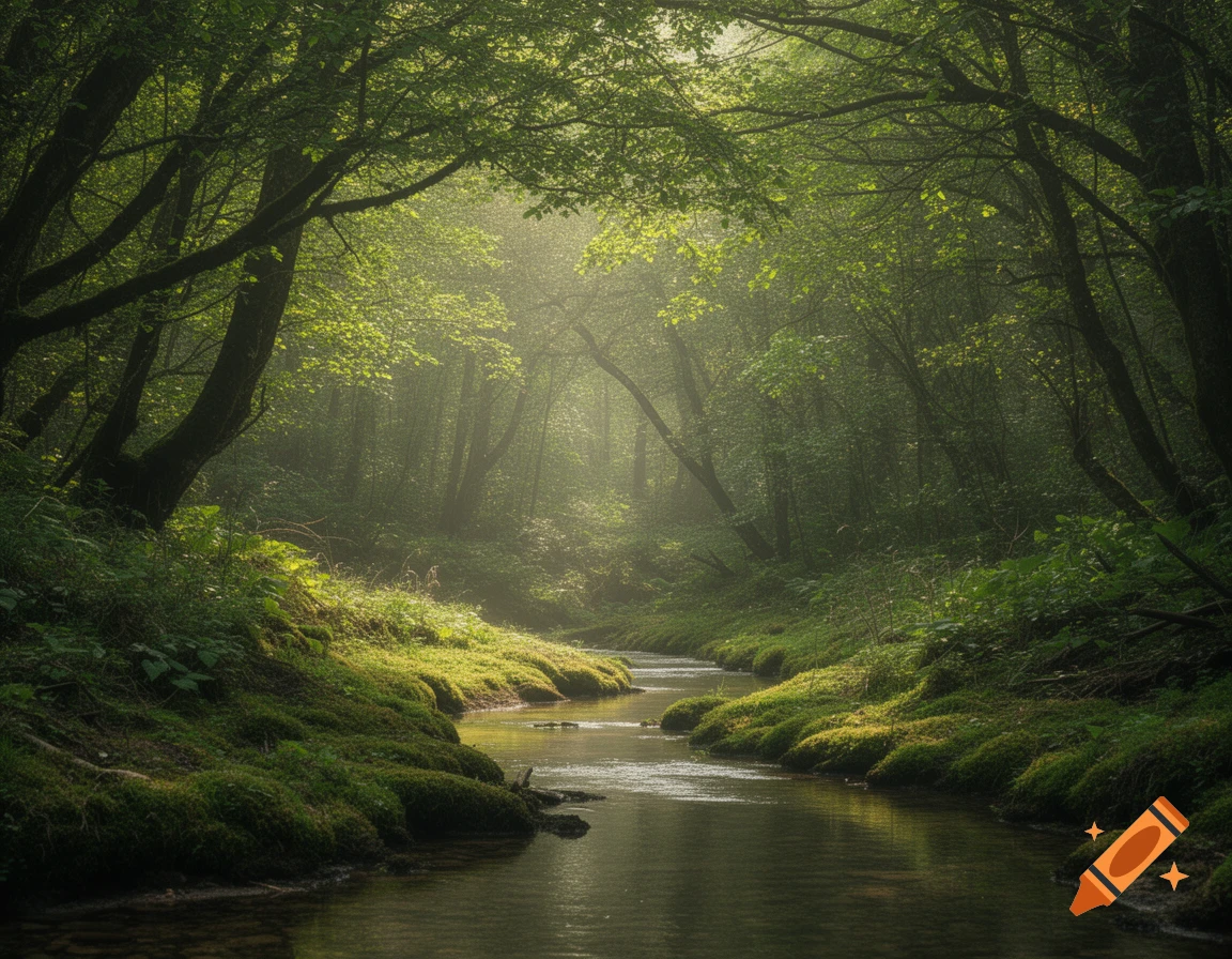 A misty, sunlit forest with a winding moss-lined stream, surrounded by lush green trees and foliage.