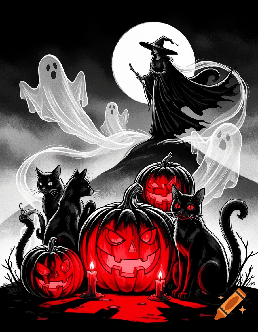 Stylized black, white, and red drawing of a witch, ghosts, black cats, and glowing pumpkins under a full moon.