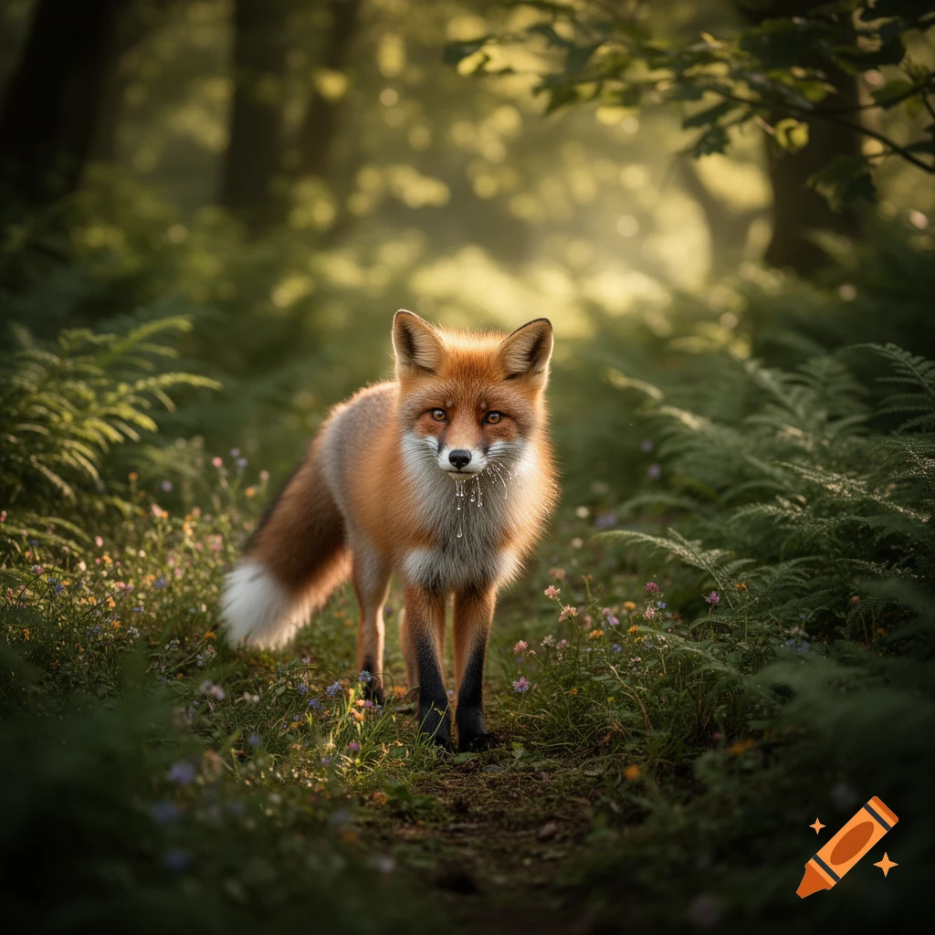 A photorealistic fox stands on a forest path amidst ferns and wildflowers, illuminated by sunlight.
