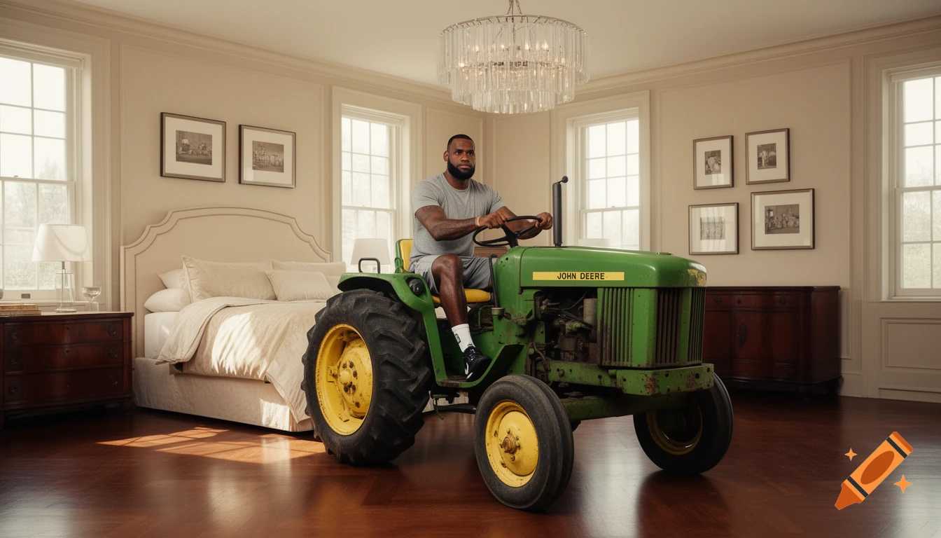 LeBron James in a grey t-shirt and shorts, driving a green John Deere tractor inside a spacious, elegant bedroom.
