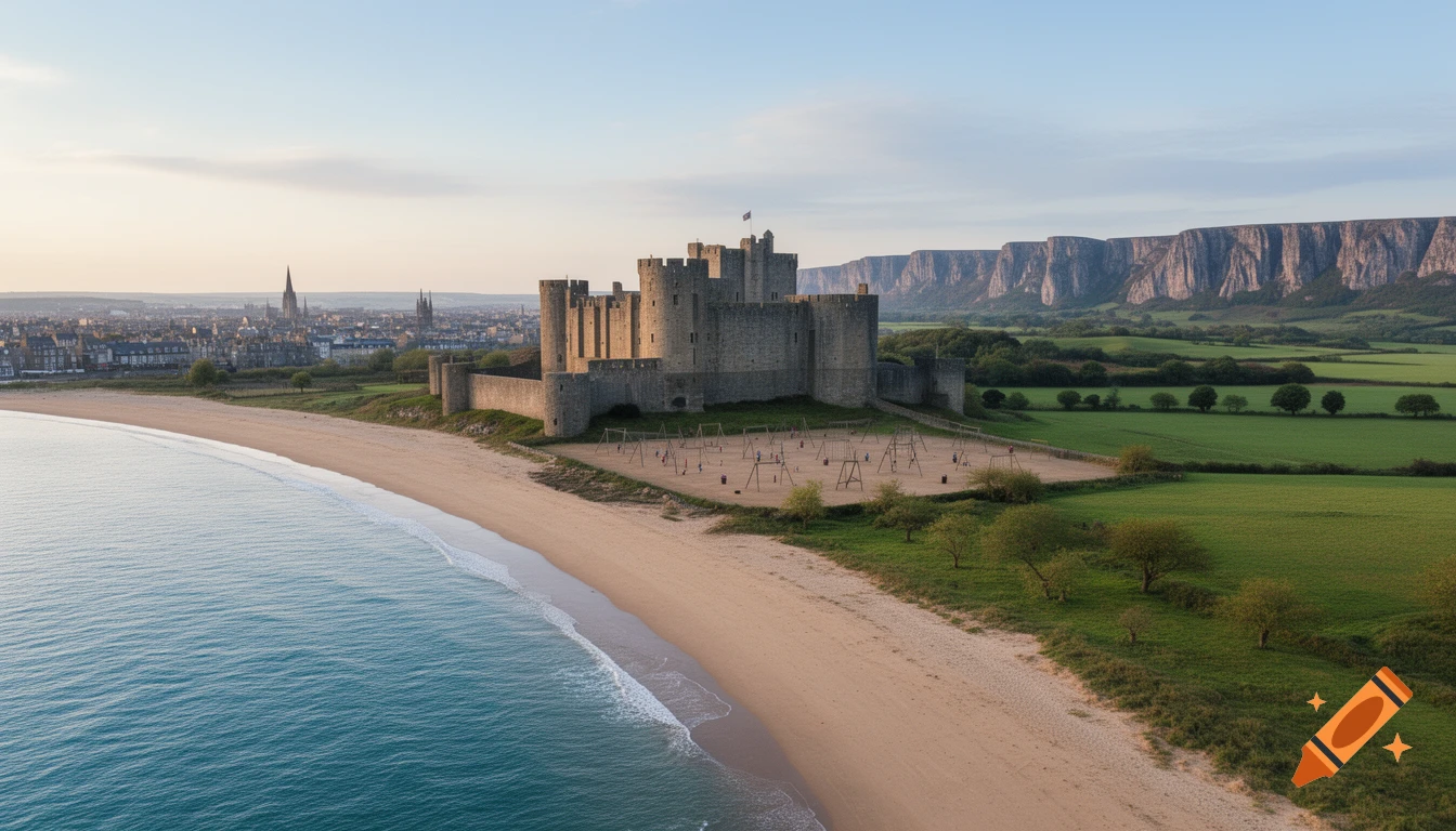 Aerial view of a stone castle on a sandy beach by the ocean, with a city in the distance and towering cliffs.