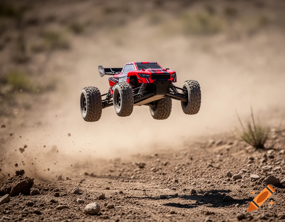 A red RC off-road buggy jumps over a dusty dirt track, with debris flying in a photorealistic style.