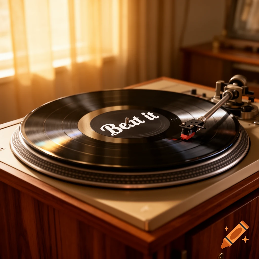 A close-up, warm-toned shot of a turntable playing a black record with "Beat it" written on its label.