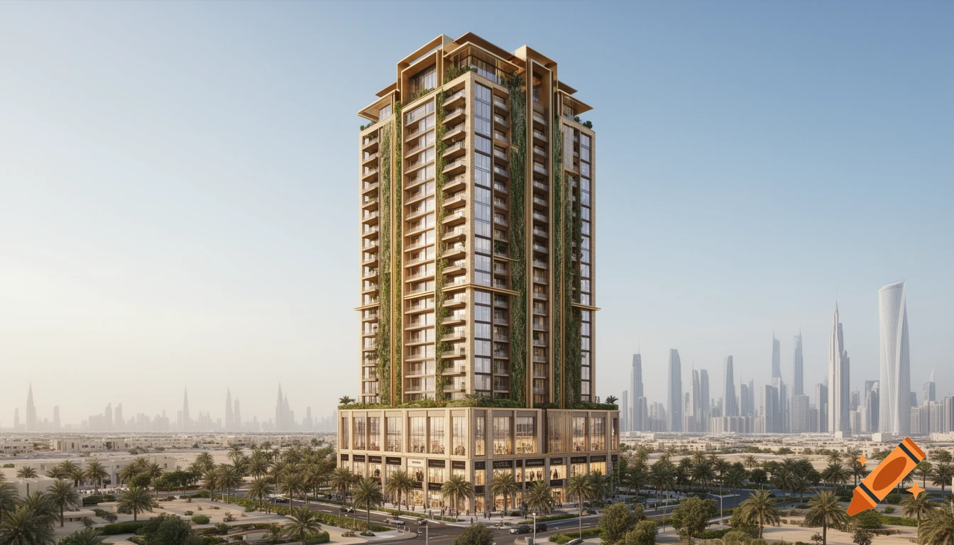 Ultra-photorealistic architectural visualization of a contemporary mixed-use tower with vertical landscaping, warm stone, glass, and metal, set against a Dubai skyline.