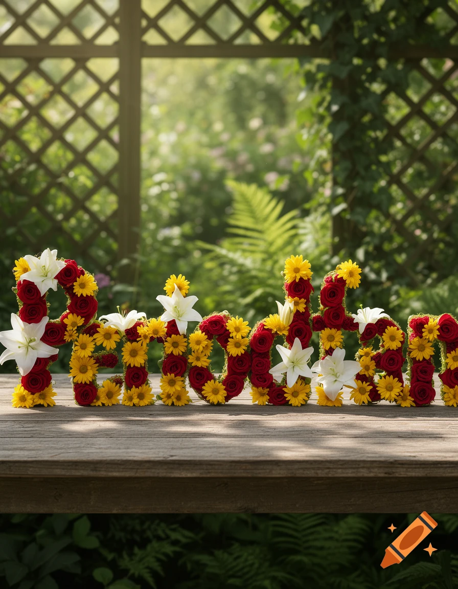 The word "Periodenfan" is spelled out with red roses, yellow daisies, and white lilies on a wooden table in a garden setting.