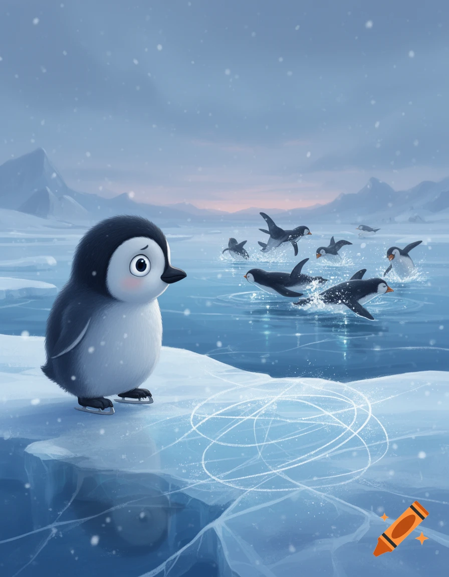 A sad, baby penguin wearing ice skates stands alone on an ice floe while other penguins swim happily in the icy water behind it. Snow falls over an arctic landscape with mountains in the background, in a children's book style.