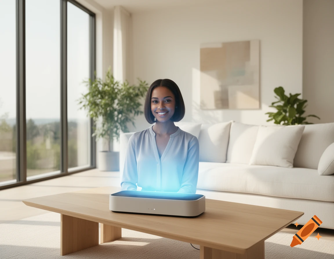 A smiling young Black woman looks at a glowing holographic projection from a device on a coffee table in a modern living room.