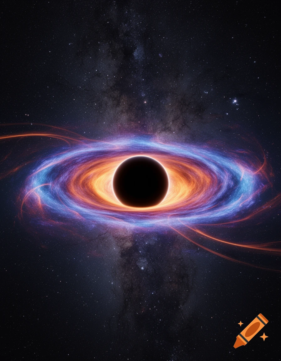 A glowing black hole with a vibrant orange and blue accretion disk, surrounded by stars in deep space.