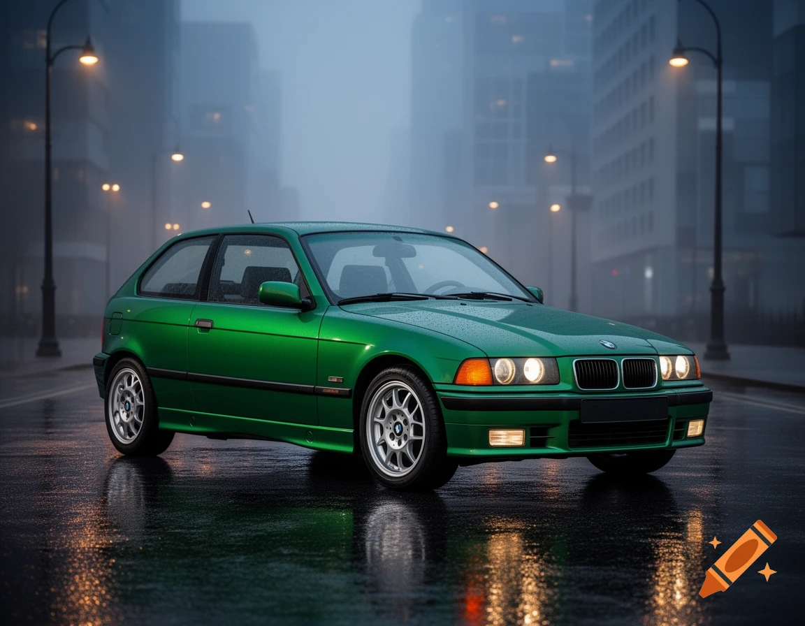 A green BMW E36 Compact parked on a wet city street at dusk, with streetlights reflected on the surface.