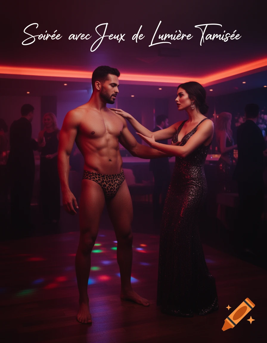 A man in leopard briefs and a woman in a sparkly dress in a club with disco lights. Text: 'Soir nf9e avec Jeux de Lumi 8re Tamis 9e'.