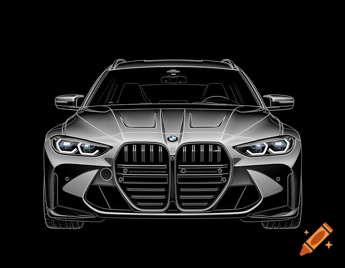 Front view of a silver BMW M3 G81 competition touring car in a clean line art illustration style.