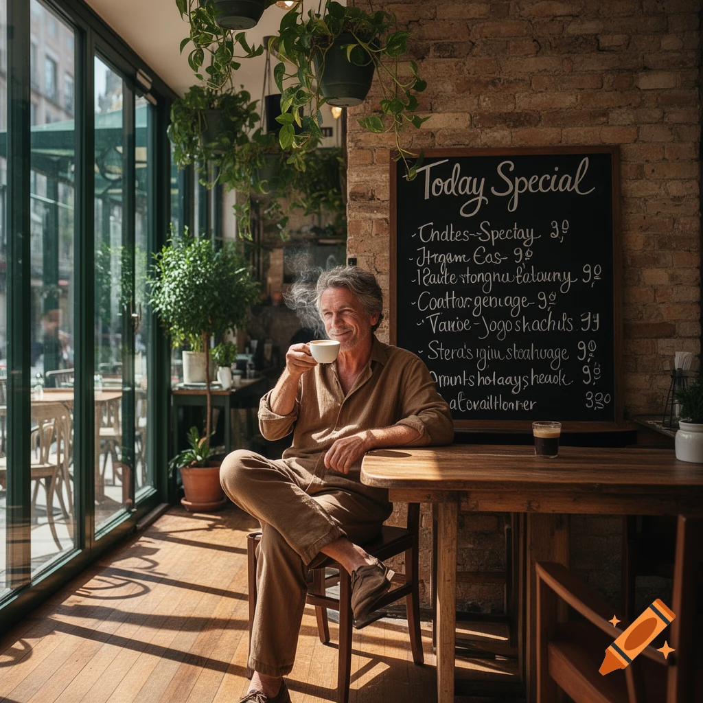 A man sips coffee in a sunlit cafe with brick walls, lush plants, and a blackboard menu.