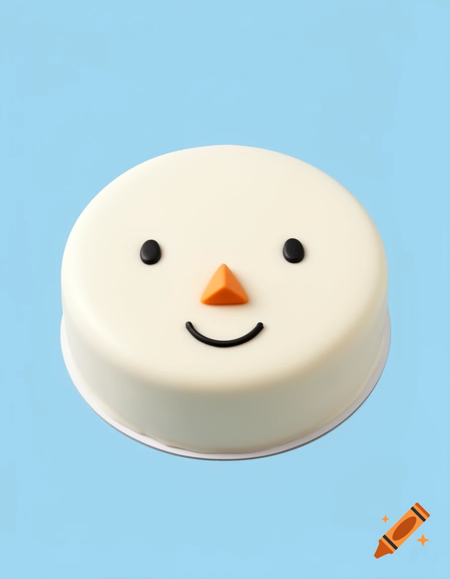 A round white cake decorated with a simple smiling face, featuring black dot eyes, an orange triangular nose, and a black curved mouth, against a plain light blue background.