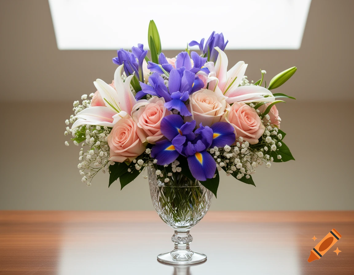 A vibrant bouquet of pink roses, white lilies, purple irises, and baby's breath arranged in a cut crystal vase on a wooden table.