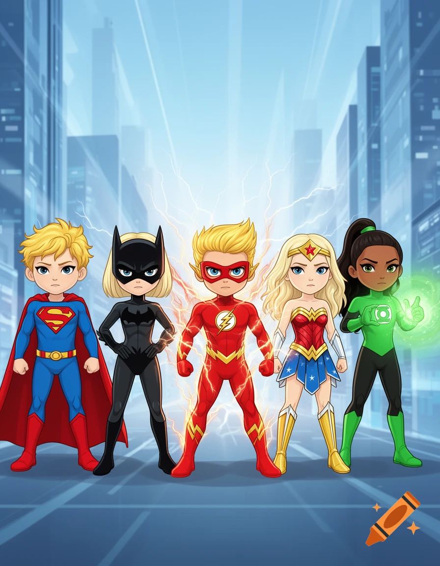 Five chibi superheroes, inspired by Superman, Batgirl, Flash, Wonder Woman, and Green Lantern, stand in a futuristic city.
