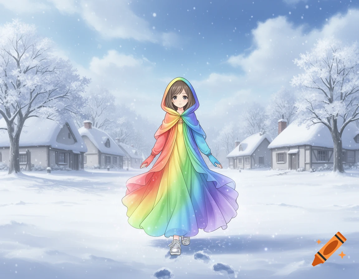 An anime girl in a vibrant rainbow hooded dress walks through a snowy village with quaint houses.