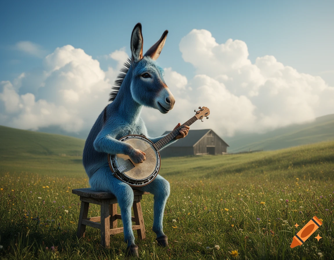 A blue donkey with a mohawk sits on a stool in a grassy field, playing a banjo with a barn in the background. Photorealistic.