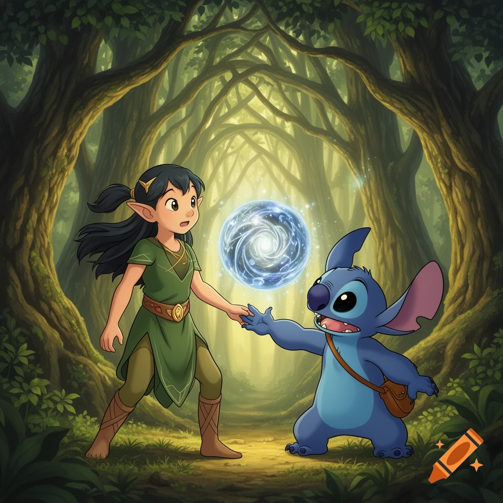 An elf-like girl and Stitch in a cartoon-anime style, in a magical forest. The girl holds Stitch's hand as he confusedly reaches for a glowing blue orb.