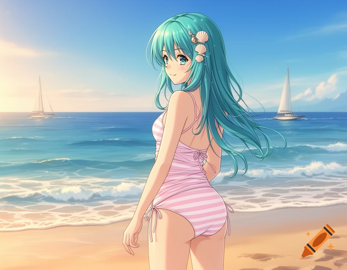 Anime girl with long teal hair in a pink striped one-piece swimsuit stands on a sunny beach, looking back at the viewer, with sailboats in the ocean.