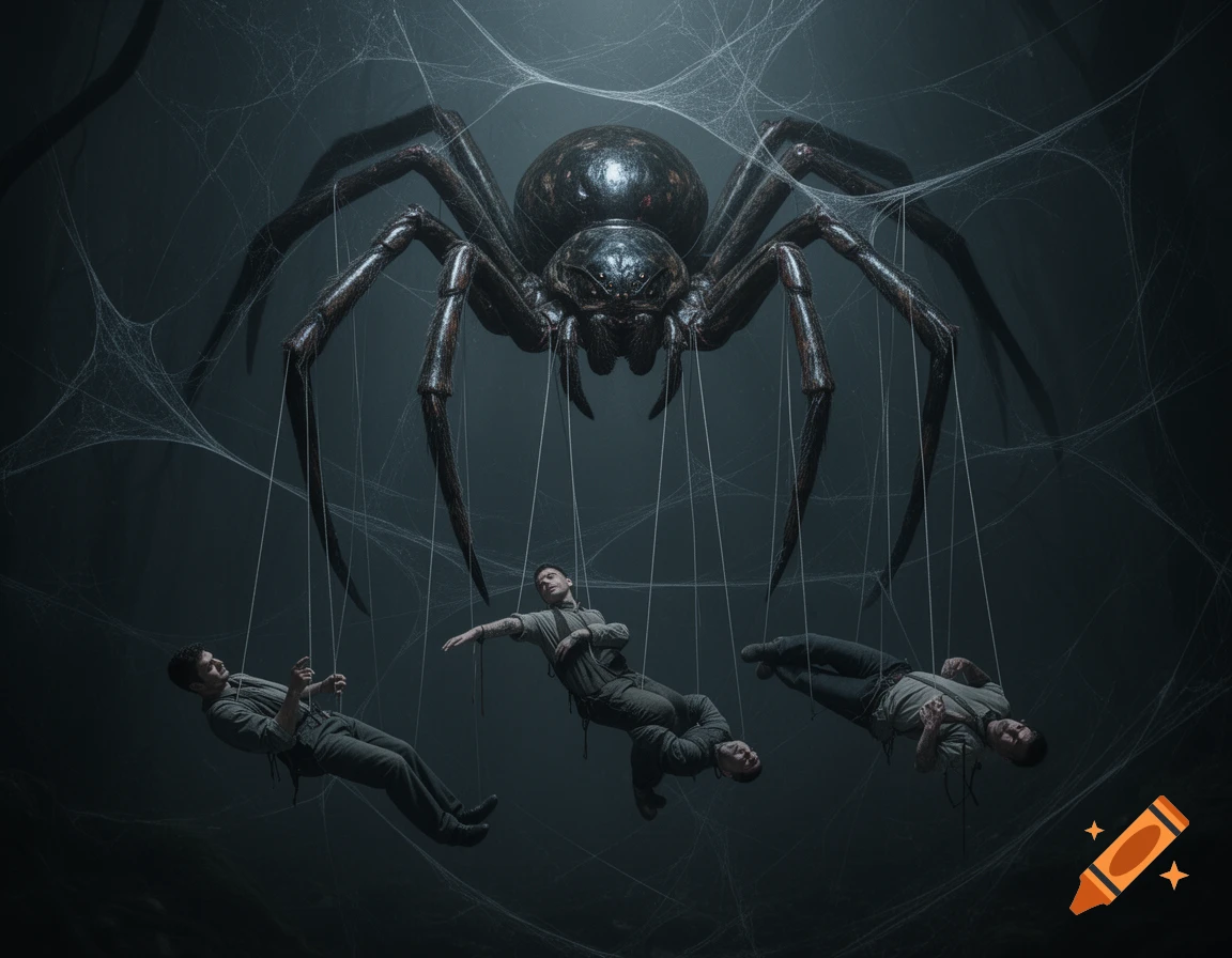 A giant dark spider controls three men like puppets with web strings in a dark, eerie setting.