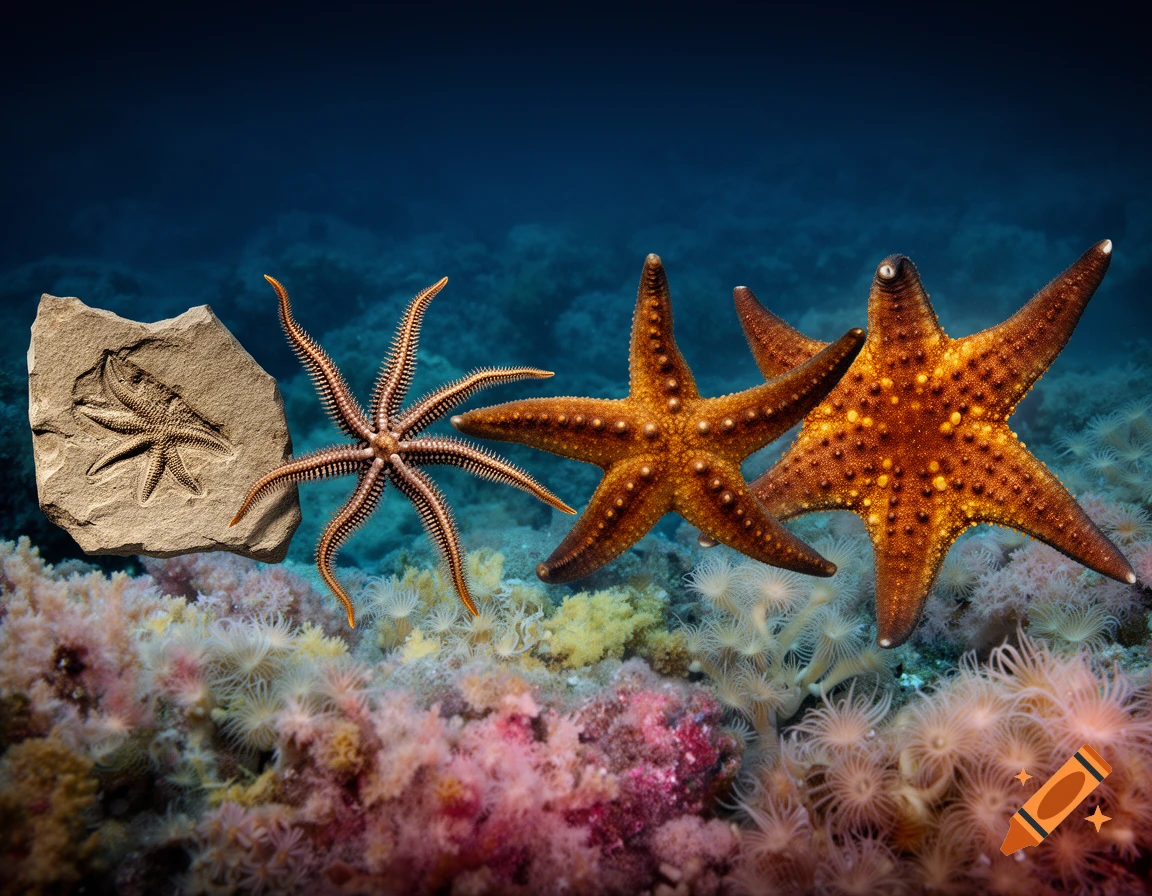 Photorealistic underwater scene with a starfish fossil, a brittle star, and two orange starfish over a colorful coral reef.