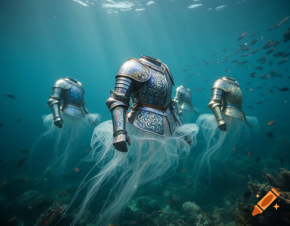 Photorealistic image of several jellyfish wearing detailed knight armor, swimming gracefully underwater among fish and coral.