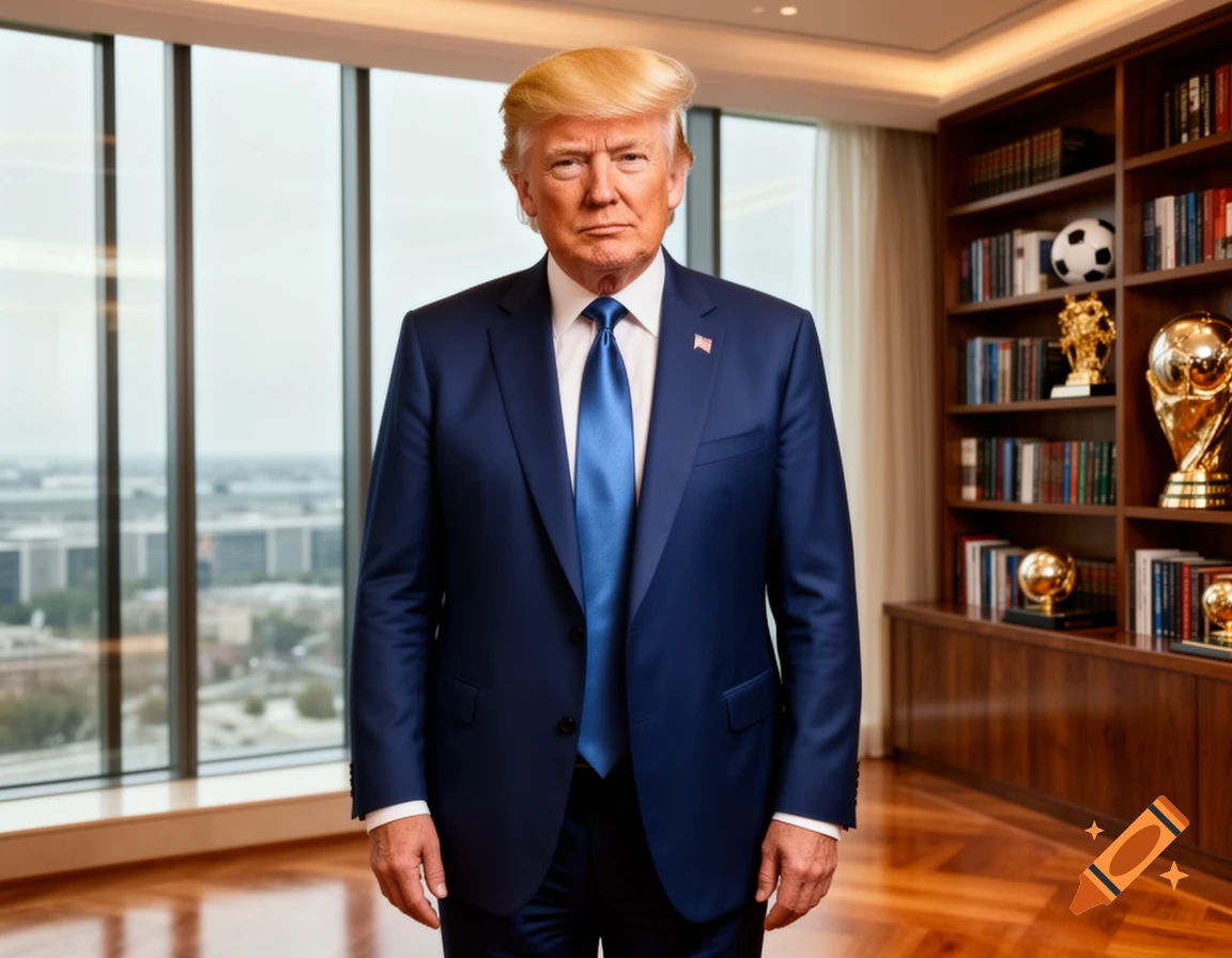 A man resembling Donald Trump in a blue suit and tie stands in an office with a cityscape view and bookshelves.