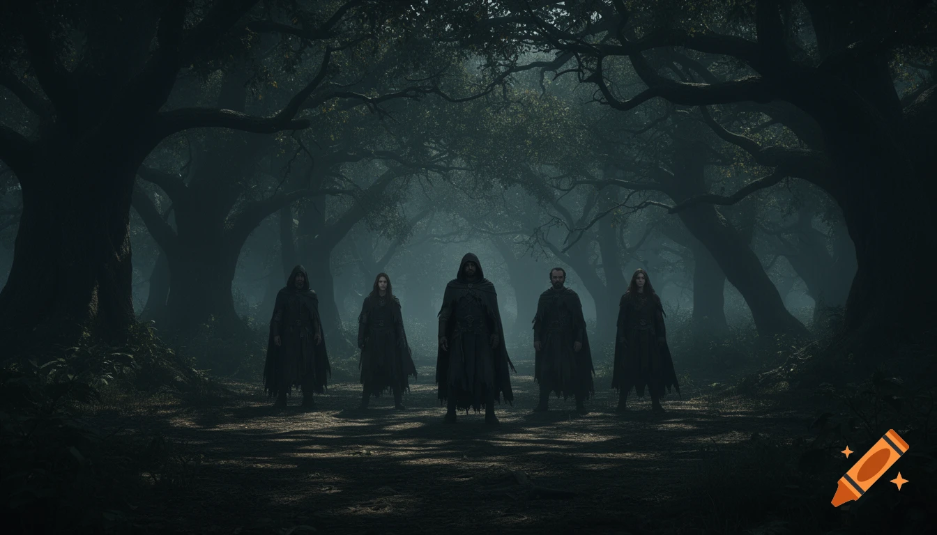 Five cloaked figures stand in a dark, misty fantasy forest with large gnarled trees, looking forward.