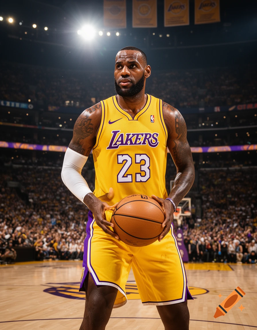 LeBron James in a yellow Lakers jersey holding a basketball on a court in a crowded arena.
