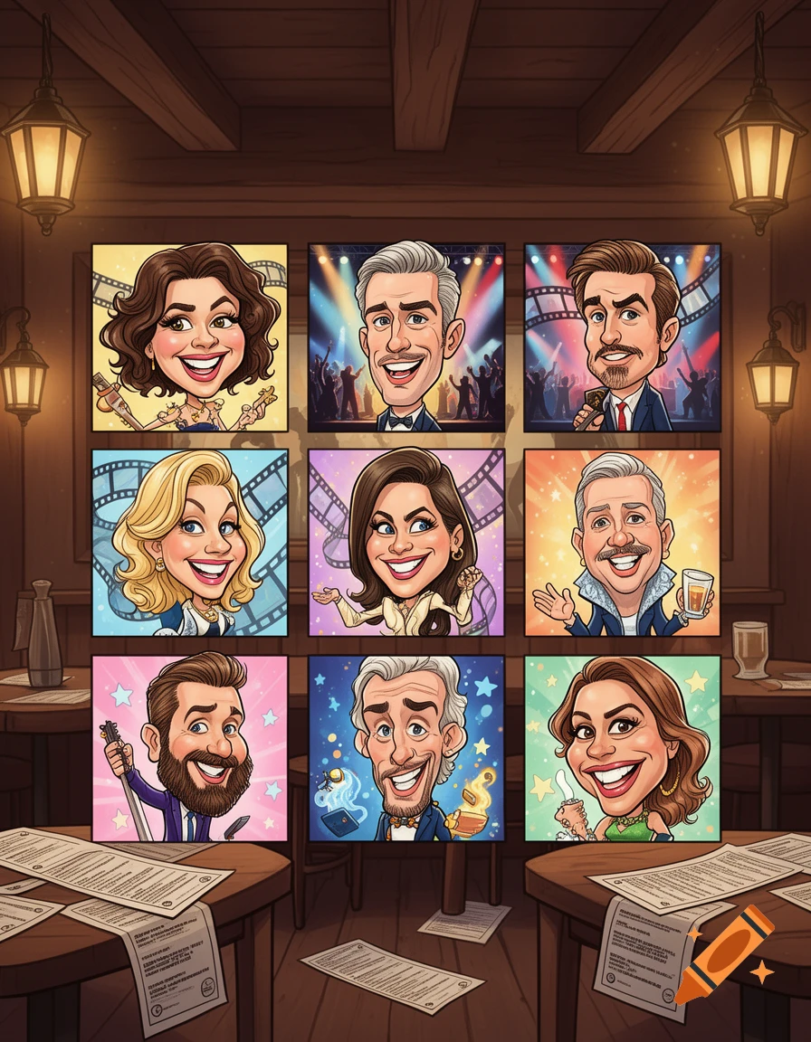 Cartoon caricatures of nine diverse celebrities displayed as pictures in a rustic pub interior with scattered papers on wooden tables.