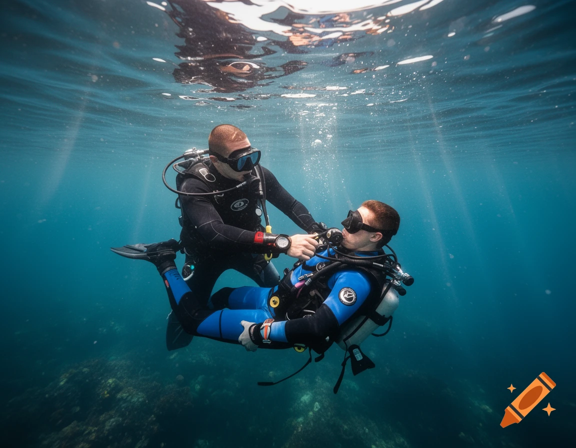 Two divers in wetsuits underwater, one assisting the other, with light rays filtering from the surface.