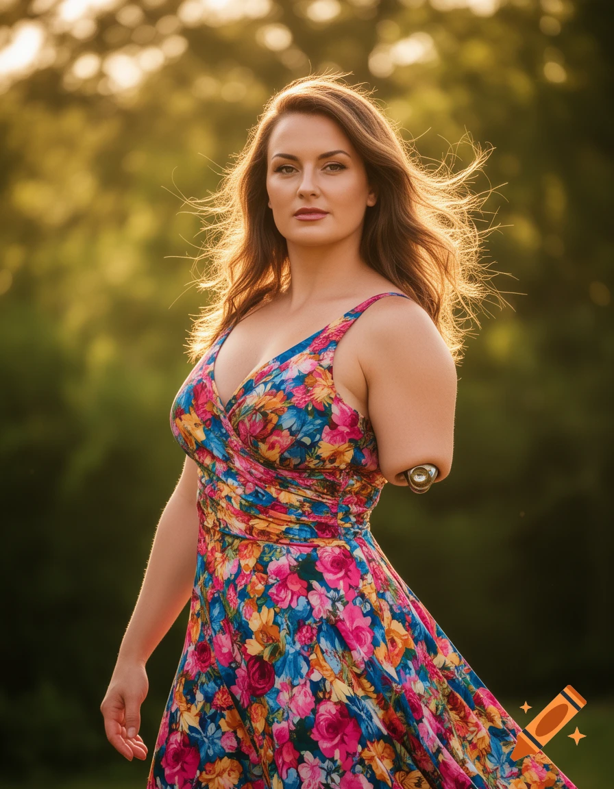 A curvy woman in a vibrant floral summer dress, with an amputated right arm, stands outdoors bathed in golden hour light.