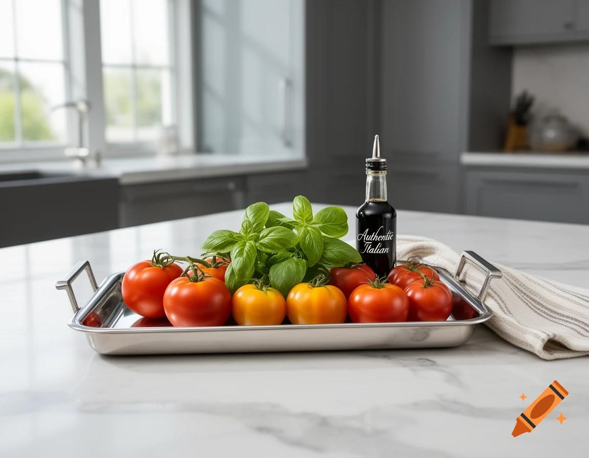 Fresh red and yellow tomatoes, basil, and a bottle of 'Authentic Italian' dressing on a silver tray in a modern kitchen.