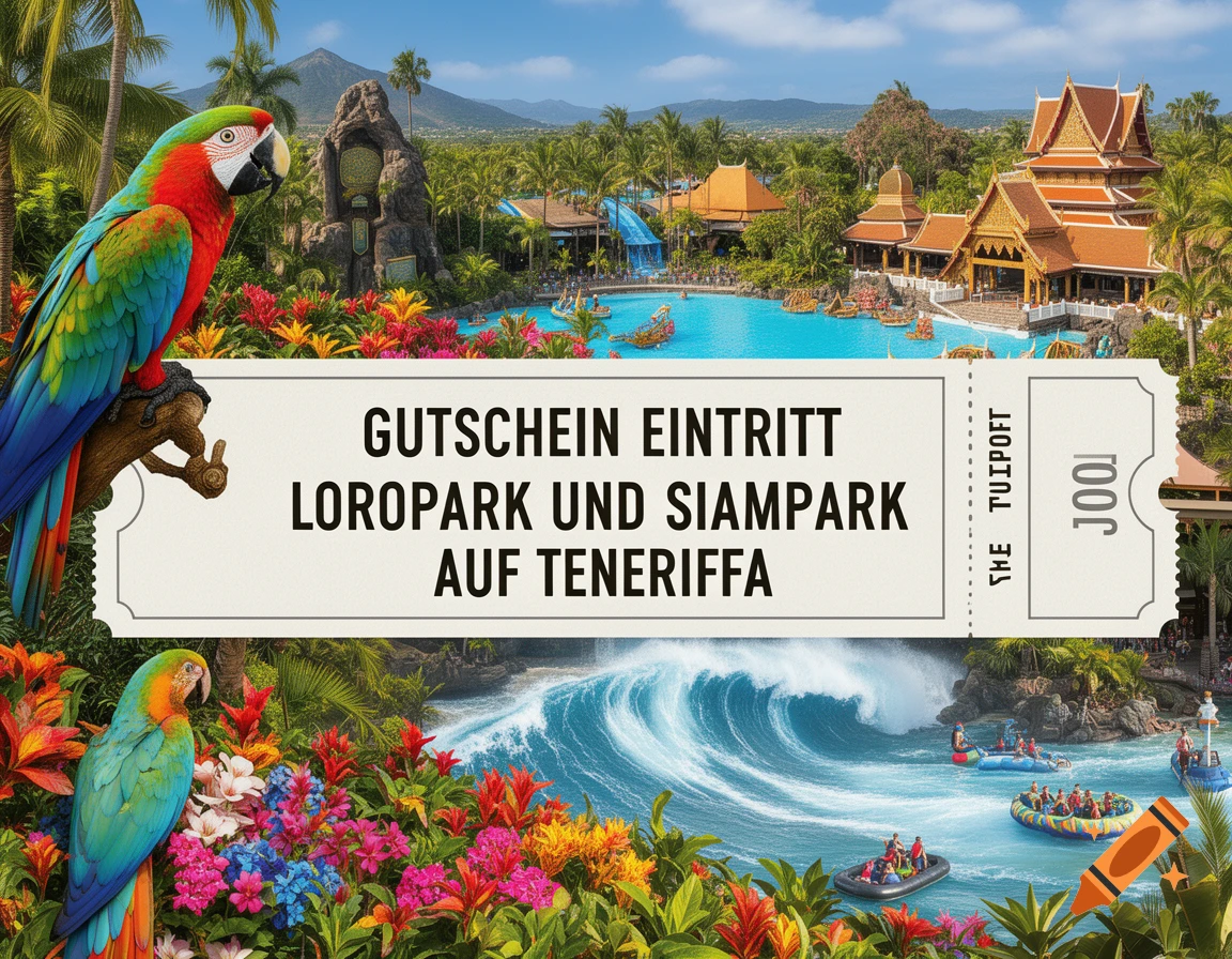Photorealistic image of a tropical water park with lush foliage, a large pool, and water slides, featuring two colorful parrots and a voucher for LoroPark and SiamPark on Tenerife.