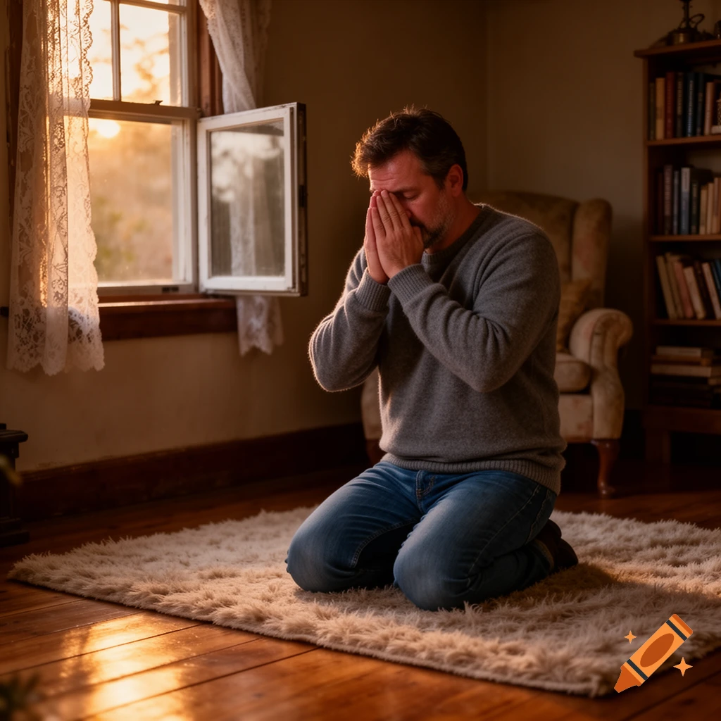 Man kneeling in prayer by a sunlit window, hands covering his face in a somber moment.