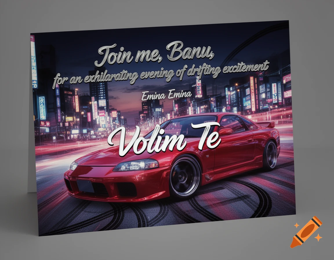 A red sports car with stylized tire marks on a street in a neon-lit city at night, with an invitation text overlay.