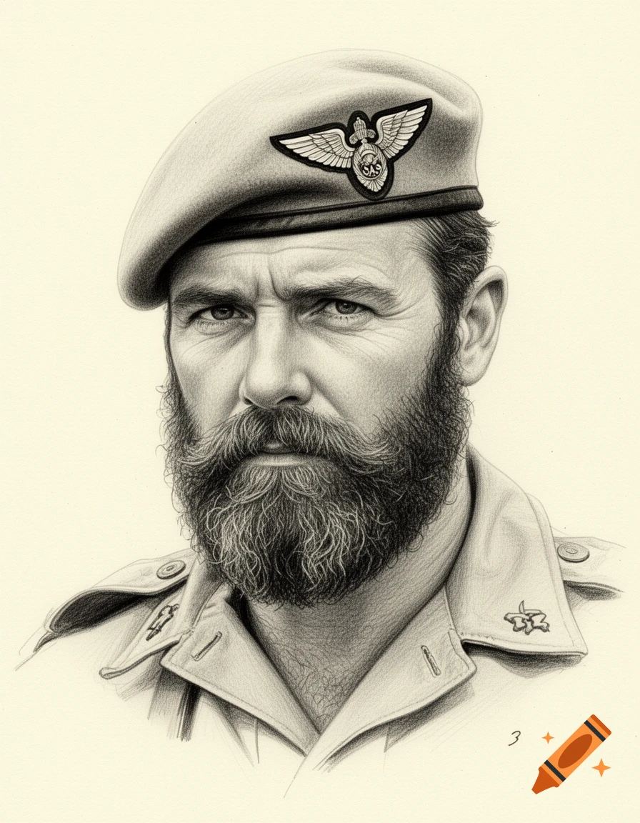 Monochrome pencil sketch portrait of a bearded man in a British military beret with an SAS badge and desert uniform.