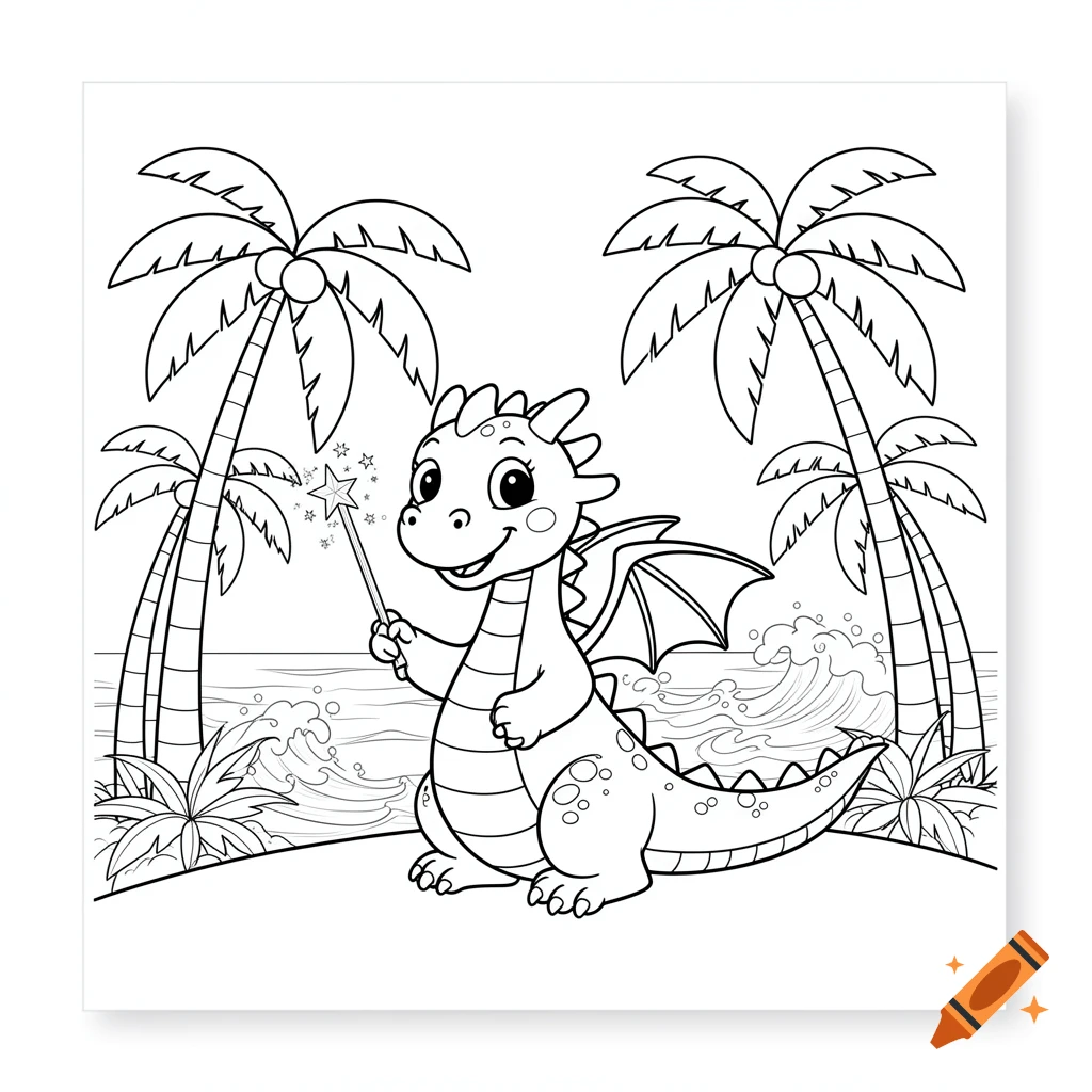 A cute friendly dragon holding a magic wand on a tropical island with palm trees, depicted as a coloring book page with bold black outlines.